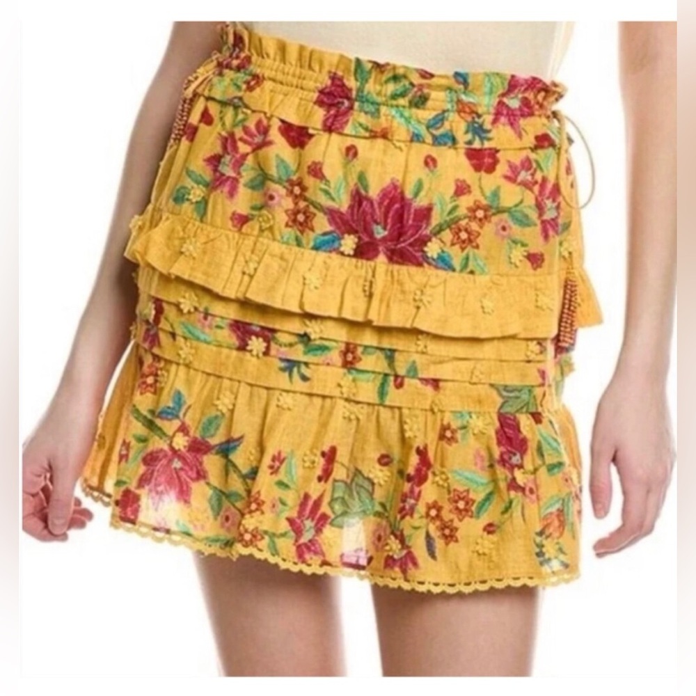 FARM Rio Women’s XS Burnt Yellow "Flower Dream" Tiered Floral Cotton Mini-Skirt - Picture 1 of 9